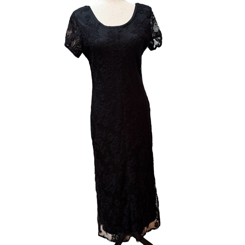 Jim Elliot California Black Floral Lace Maxi Dress Short Sleeve Vintage Style 10